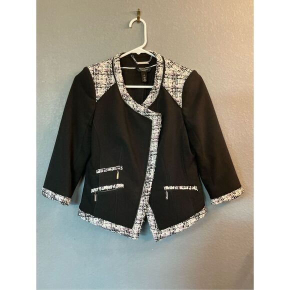 White House Black Market Asymmetrical Zip Tweed Trim Stretch Blazer Jacket 6Peti - Picture 1 of 7